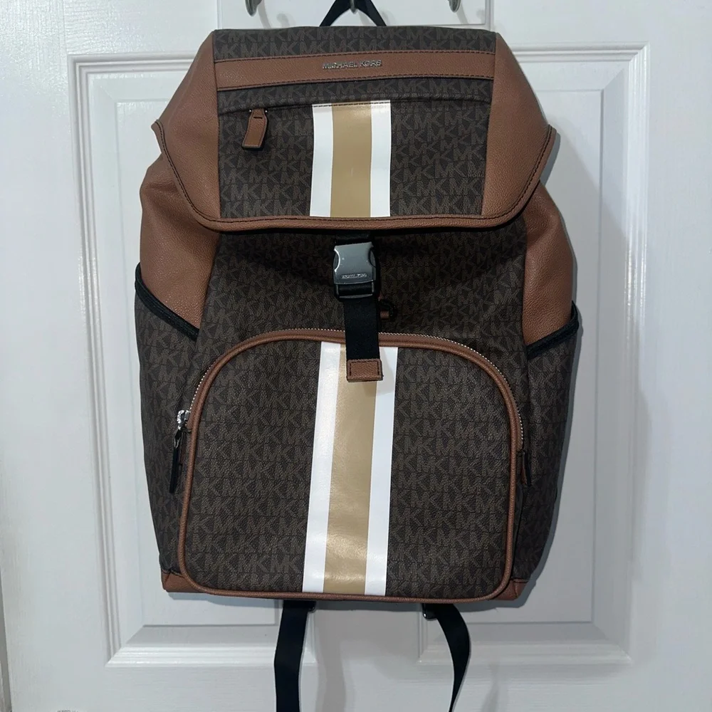 Michael Kors Brown, White and Gold Logo Stripe Backpack - Picture 1 of 6